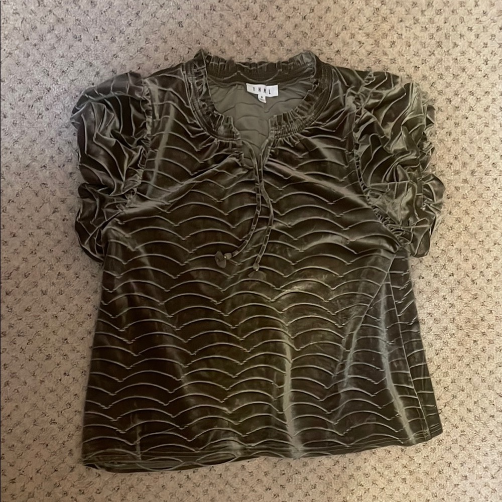 THML Green Ruched Mandarin Collar Blouse